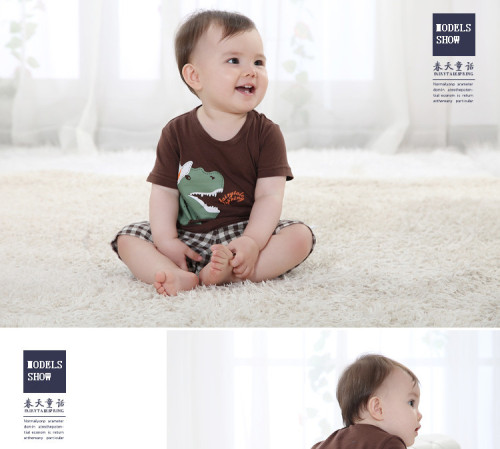 2014 New Style Summer Children Printed Squares Baby Cotton Suit Short Sleeve T-shirt latest children suit styles