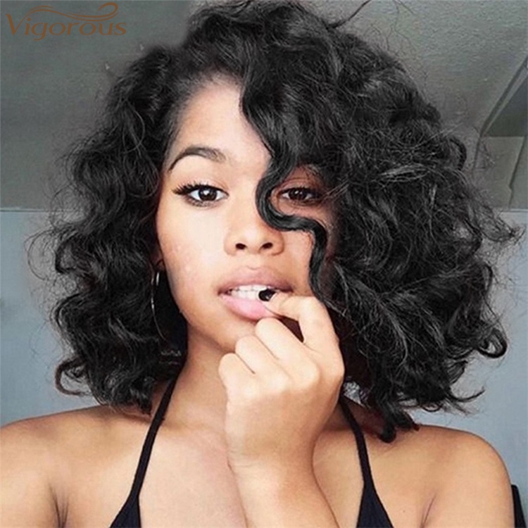 Vigorous Wholesale Price Human Hair Wigs Afro Curly Wigs For White Women 12 Inches Side Part Short Black Hair Wig