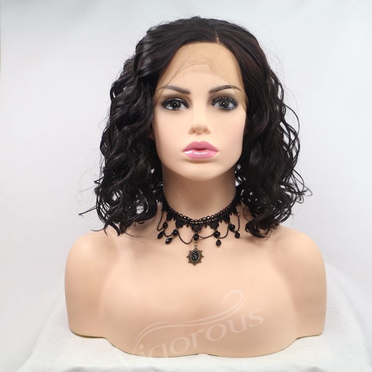 Vigorous black pink red bob curl wholesale heat resistente short cheap synthetic hair wig with lace