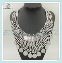 2015 Latest Design Fashion Jewelry Ladies Silver Small Rhinestone Heavy Bib Coin Necklace