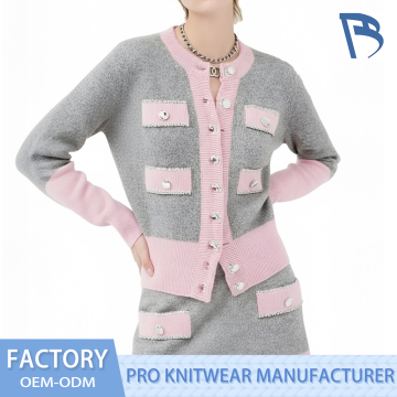 Adorable Pink Gray Knitted Women's Cardigan