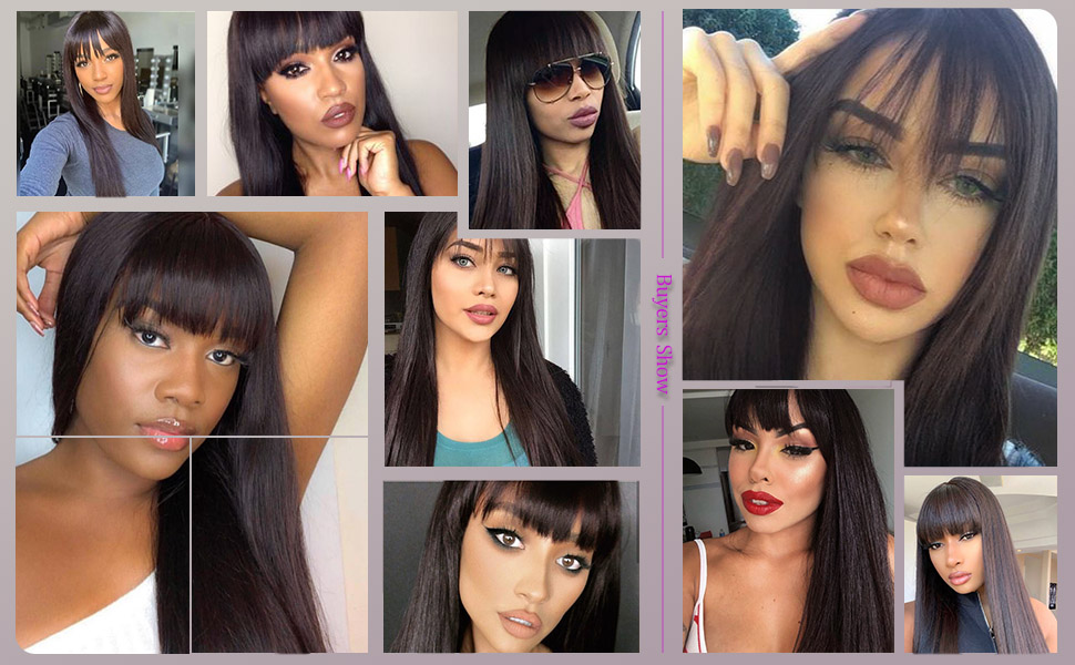 Vigorous 28 inches Long Straight Black Wig Lace Heat Resistant Synthetic Wig With Bangs Natural Hair Wig for Black Women
