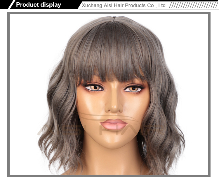 Aisi Hair Short Wavy Short Bob Gray Wig With Neat Bangs Body Wave Wig Heat Resistant Synthetic Fiber Wigs For Black White Women