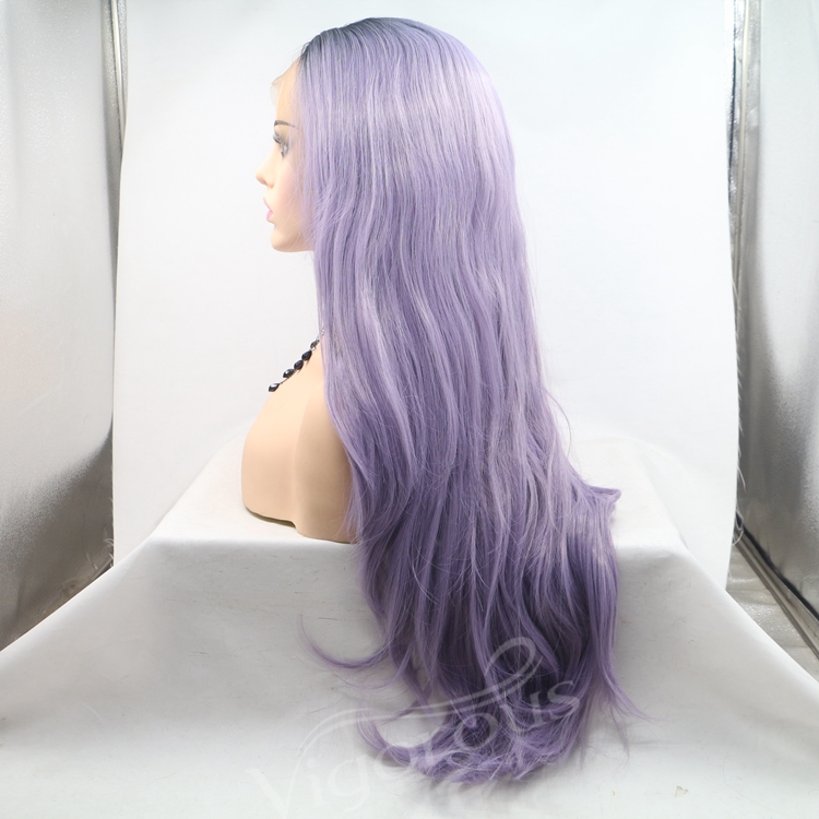 Vigorous purple ombre long straight premium high quality wholesale black women synthetic hair wigs with lace front
