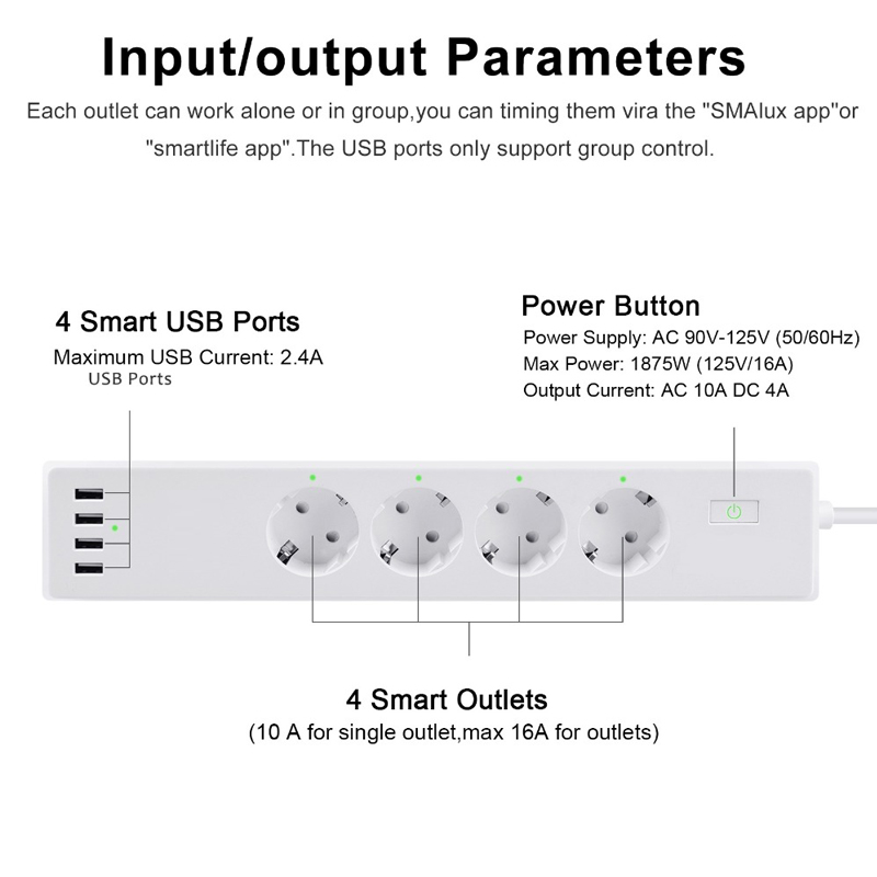Eu Power Strip Power Extensions Strip Smart 4 Outlet Power Strip European Surge Protector TUYA