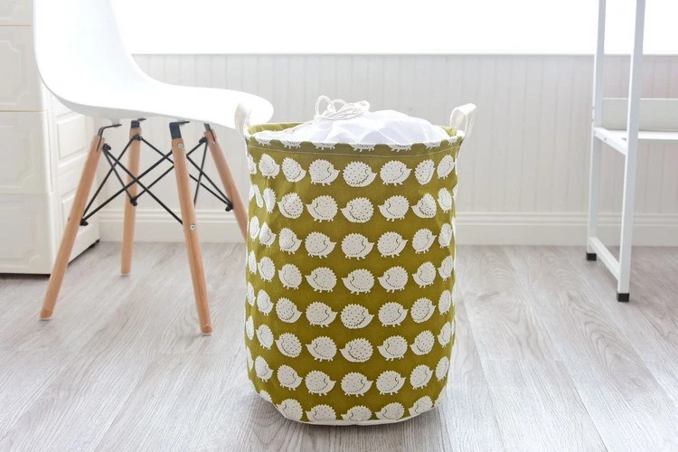 17.7 Inches Large Drawstring Closure Folding Waterproof Round Cotton Linen Collapsible Storage Bin Hamper Laundry Bags Basket