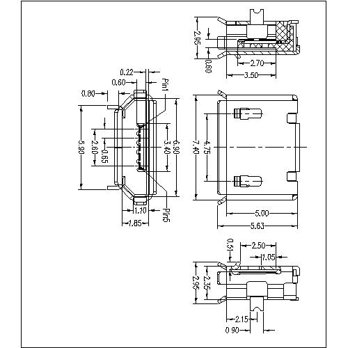 MUFM02 2-Micro USB 5P Receptacle B Type SMT(Shell Dip) 