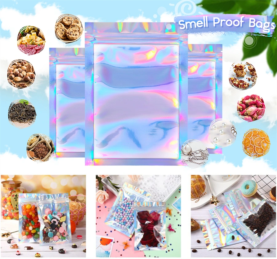 100 Pieces Holographic Rainbow Aluminum Foil Smell Proof Ziplock Bags Metallic Zipper Pouches