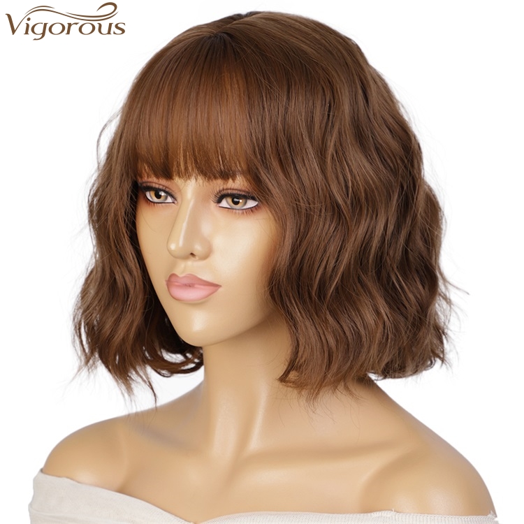 Vigorous Fashion Girl Natural Short Bob Brown Wig With Neat Bangs Synthetic Short Curl Wave Wigs Heat Resistant