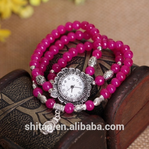 2014 Garnet bead bracelet watch, Vintage handmade bracelet watch