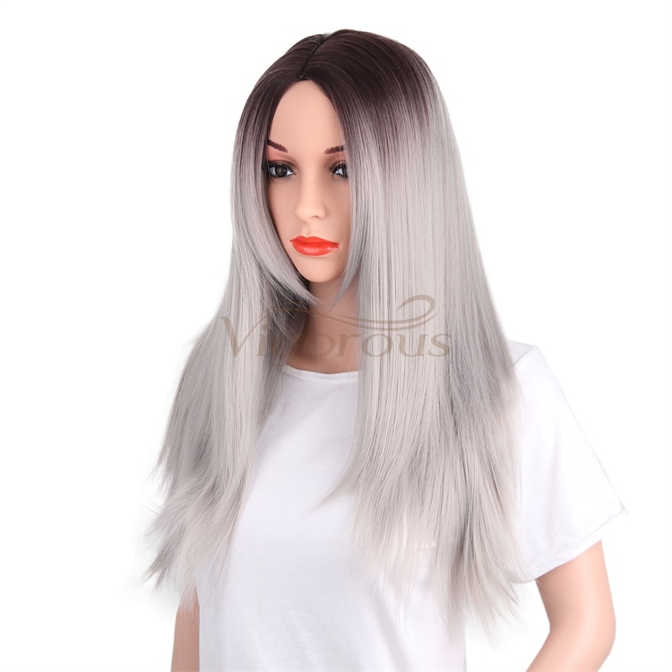 Vigorous Middle Part Straight Synthetic Wig Ombre Dark Root To Silver White Wig Heat Resistant Fiber Long Cosplay Wig For Women