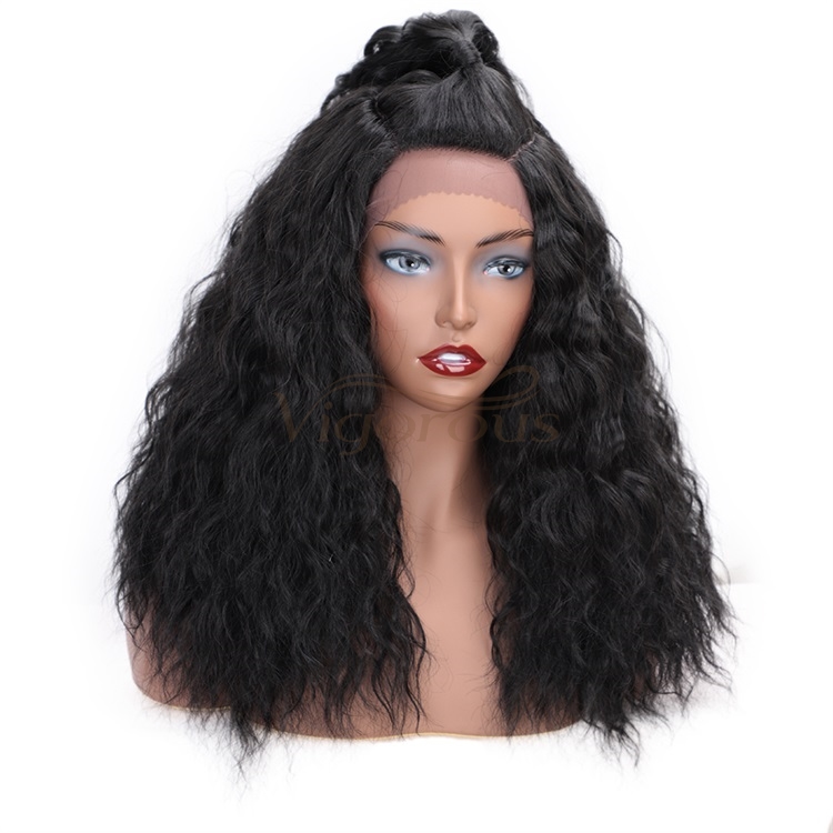 Vigorous Natural Black Synthetic Lace Front Wigs Long Water Wave Heat Resistant Fiber Hair Wigs for African Americans