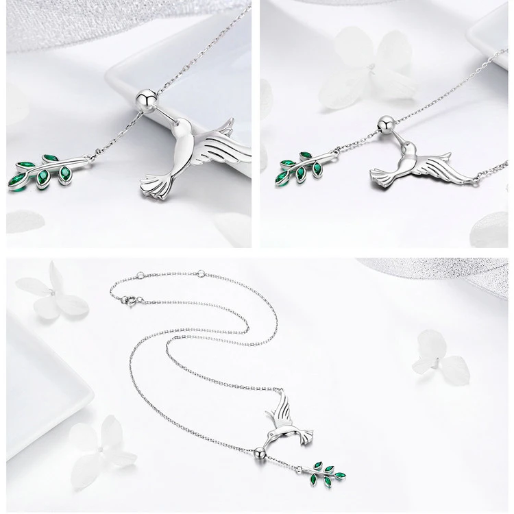 Authentic Women Gift Spring Bird & Tree Leaf Leaves Dangle Pendant Necklace925 Sterling Silver Jewelry