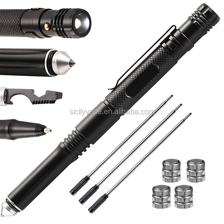 Amazon Camping survival emergency multifunction aluminium military Tactical Pen with glass breaker and flashlight