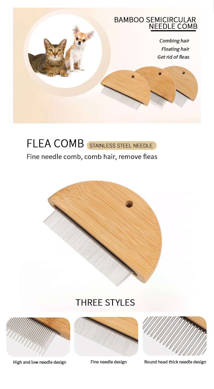 Factory Wholesale Custom Laser Logo Bamboo Wooden Handle Pet Flea Comb Cat Dog Hair Grooming Comb