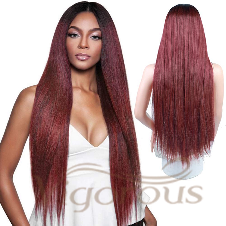 Vigorous Wholesale High Quality Long Middle Part Silky Straight Ombre Burgundy Dark Root For Black Women Synthetic Hair Wigs