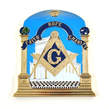 Masonic Auto Emblem: Faith, Hope, Charity, All Seeing Eye, Altar, Pillars - 3\" Metal Masonic Car Emblem
