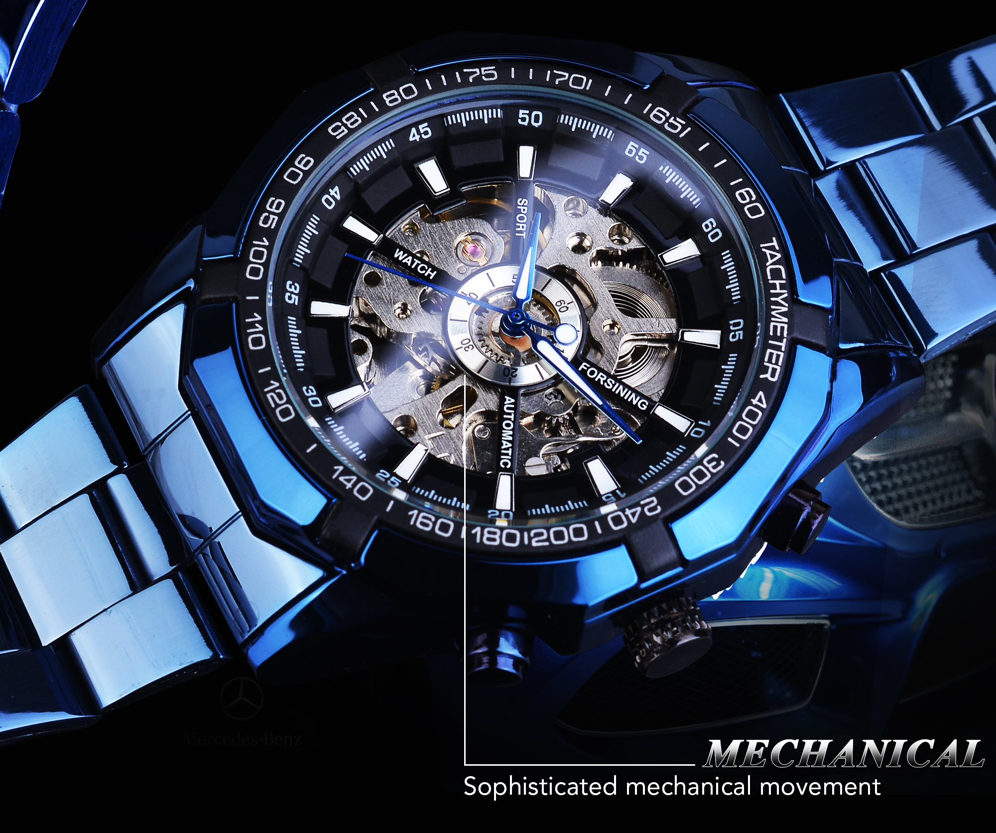 Forsining Blue Design Stainless Steel Men Mechanical Automatic Wrist Watches Top Brand Luxury Military Sport Male Clock