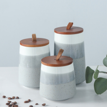 European Style Ceramic Coffee Canister Sets with Wooden Lids for Airtight Kitchen Storage
