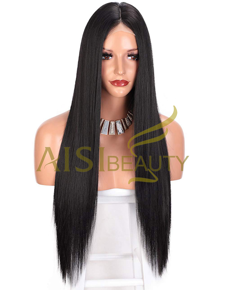 Aisi Beauty High Quality Vendor Cheap Long Straight Natural Black Wig Swiss Lace Synthetic Hair For Black Women Lace Front Wig