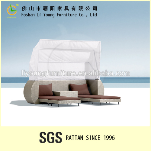 Aluminum frame outdoor furniture brown color outdoor wicker furniture plastic rattan sofa double beach sun lounger with tent