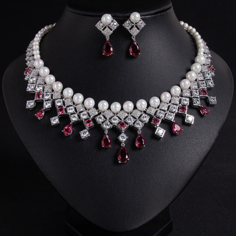 Pearl Teardrop Fringe Bridal CZ Jewelry Set