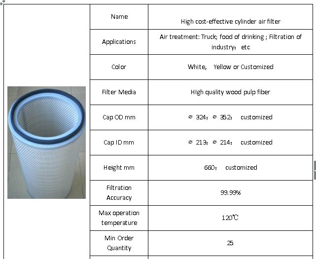 High cost-effective Hepa Cylinder Air Filter Cartridge for Truck