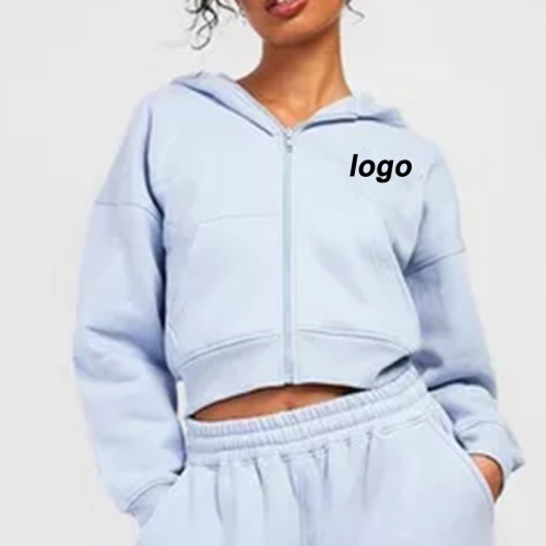 Sweat à capuche féminine courte à fermeture éclair en gros logo personnalisé