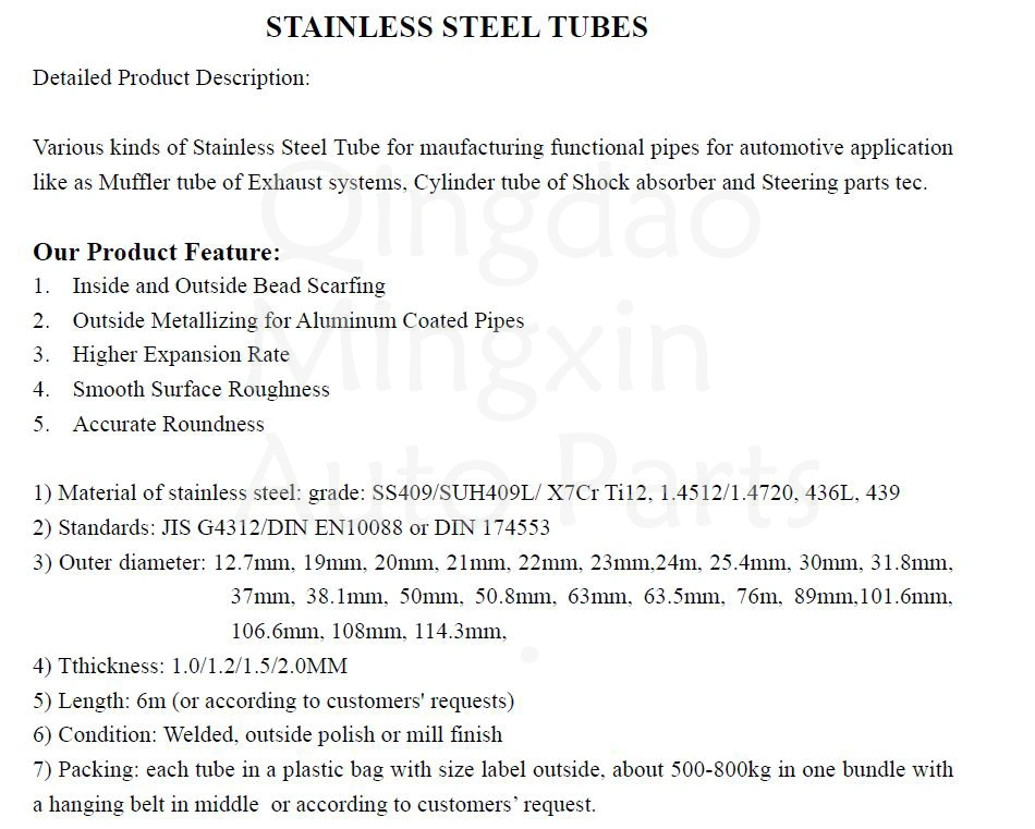 Stainless Steel Tubes for Exhaust Automobile Pipes 1.4512/1.4509/1.4510 Od. 88.9/101.6/112/114.3/127mm