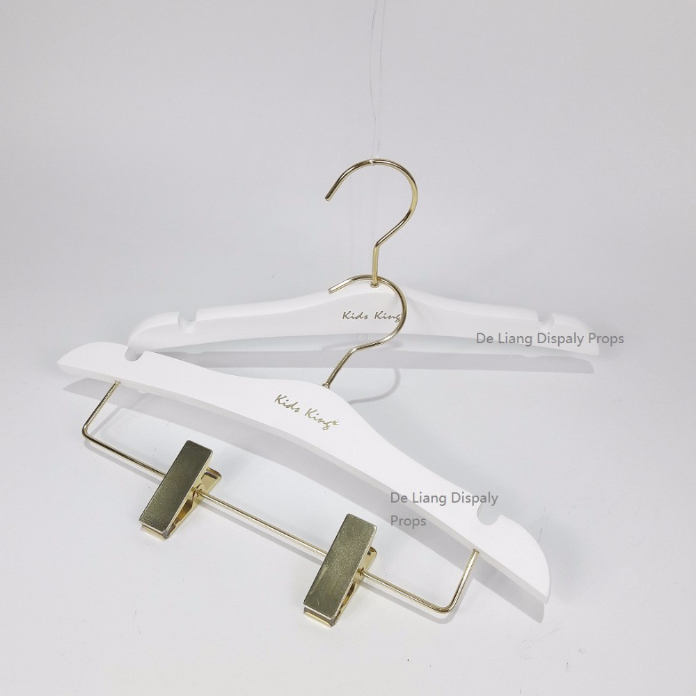 Children Matt white color wooden hanger for kids top and bottom wooden hanger with antique gold round hook hanger with clips