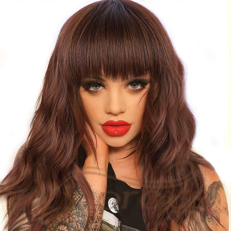 Vigorous Cheap Price Middle Long With Neat Bangs Brown Machine Made High Temperature Fiber For Black Women Synthetic Hair Wigs