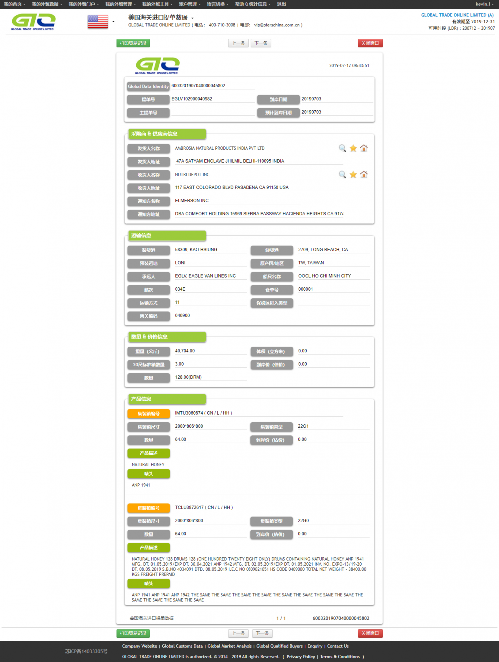 Datos de importación de MIEL NATURAL de EE. UU.