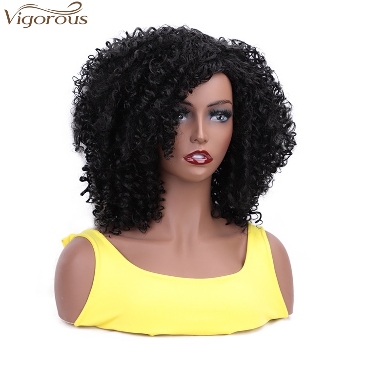 Vigorous High Temperature Short Kinky Curly Wigs for African American Women Black Synthetic Party Wigs Heat Resistant Wholesale