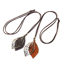 Vintage Retro Double-Layer Cowhide Leaf Pendant Necklace