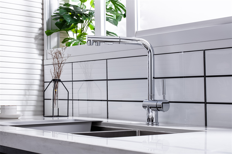 polished chrome brass pull out kitchen tap