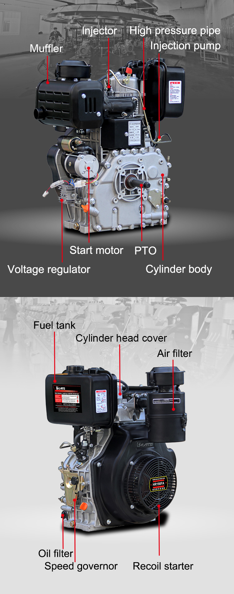 changzhou Hi-earns 2V98FD air cooled diesel engine 2 cylinders