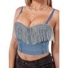 Wholesale Women's Rhinestone Fringe Trim Cami Denim Halter Crop Tops