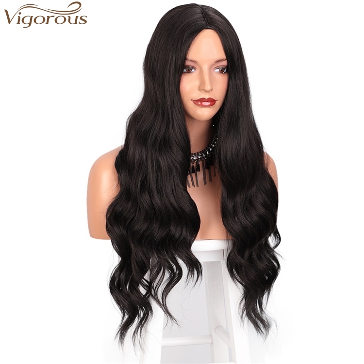 Vigorous Top Quality Long Black Wavy Wigs Middle Part Heat Resistant Synthetic Wave Wigs for Black Women Wholesale Price