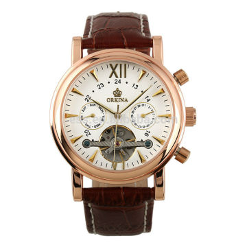 Gents White Dial Leather Strap Tourbillon Mechanical Watch