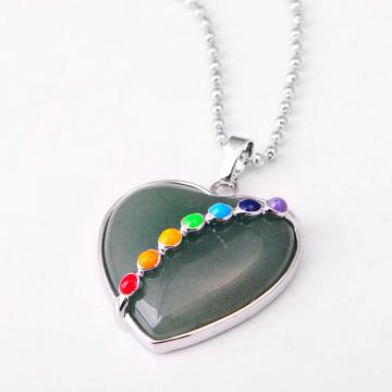 7 & Seven Chakras Gemstone Green Aventurine Heart Pendant Necklace