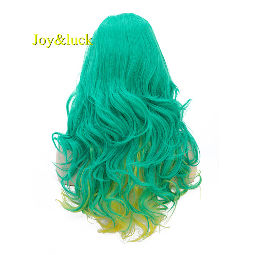 Long Natural Wavy Synthetic Wigs for Women Green Mixed Yellow Color Body Wave Cosplay Wigs Costume Hair Style