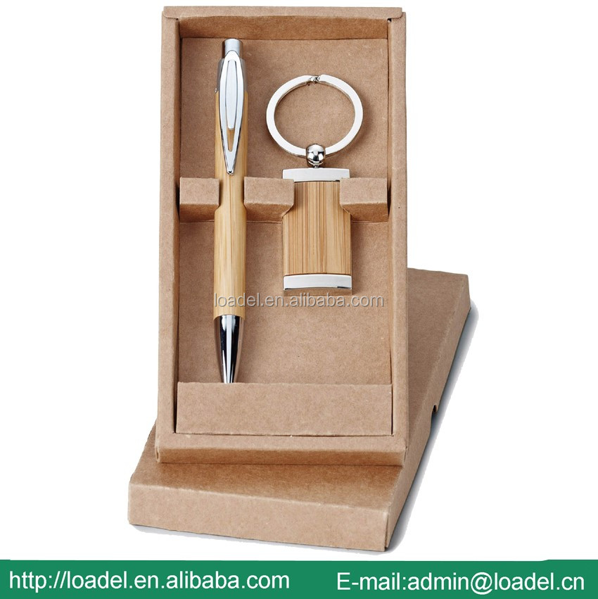 Customized logo bamboo pen case gift keychain bamboo pen set