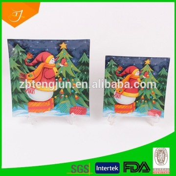 customer glass plate with snowman decal, cheap wholesale clear glass palte