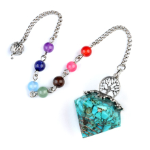 Turquoise Chip Stone Resin Silver Diamonds Pendant & Pendulum 7 Chakra Chain