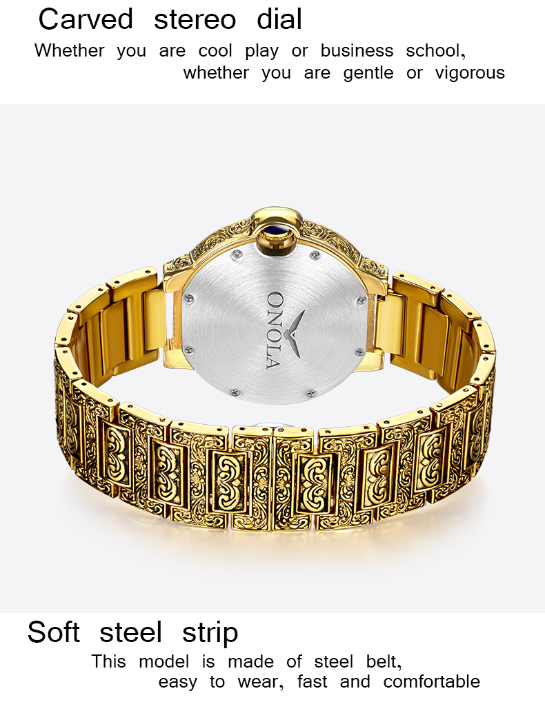 ONOLA 3813 New Luxury Gold Watches Men Business Wristwatches Retro Watch Design Hollow Pattern Relogio Masculino