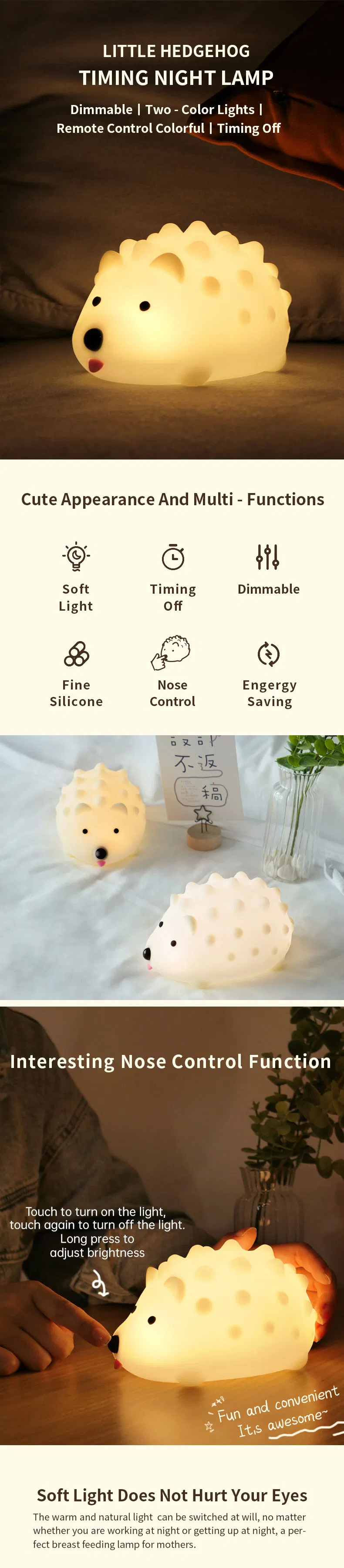 Cute Hedgehog LED Night Light for Children′s Bedrooms