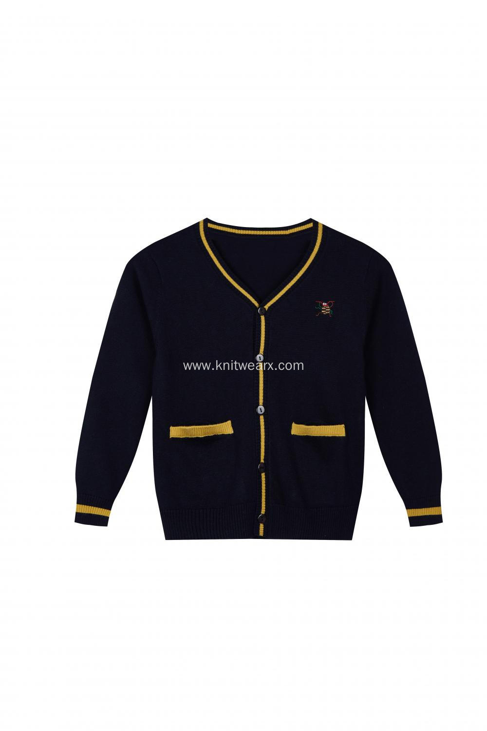 Boy's Knitted Contrast Color Logo Embroidery Pocket Cardigan