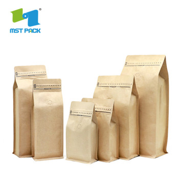 Høykvalitets gjenlukkbar kraftpapir kaffepose flat bunn emballasjeposer med ventil