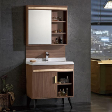Коричневый деревянный ПВХ шкаф для ванной комнаты с зеркалом
