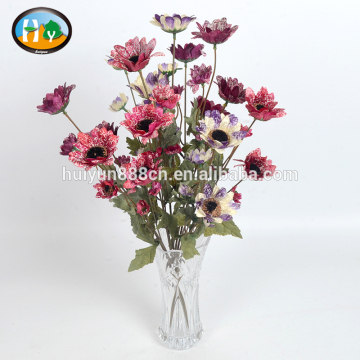Cheap artificial silk daisy chrysanthemum bush flowers with leaves for decorations